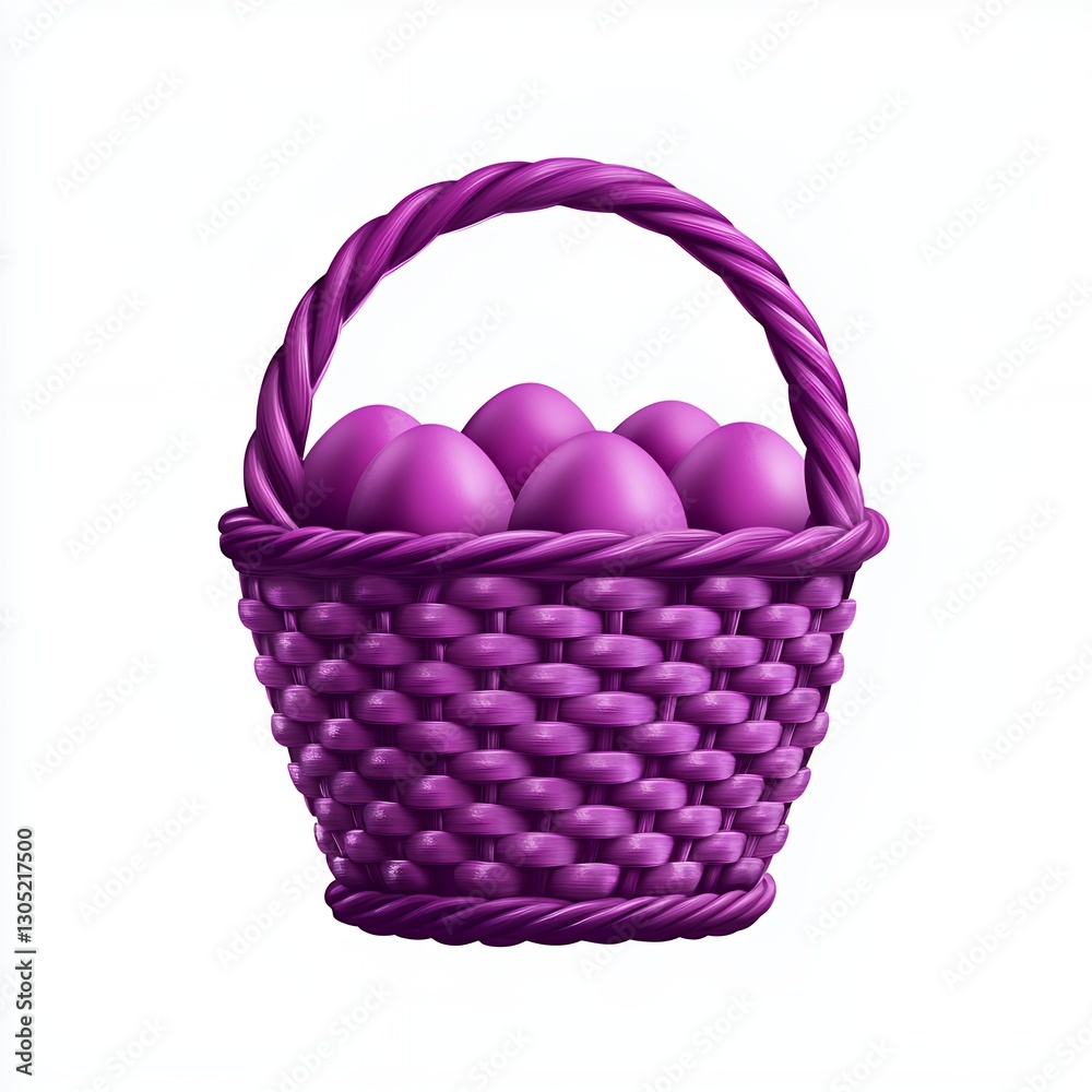 Fototapeta premium Purple Wicker Basket with Purple Eggs on White Background