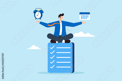 Flat illustration businessman meditate while balancing clock and calendar on completed task paper symbolizing self discipline