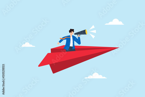 Flat illustration businessman shout through megaphone on red origami airplane announcing marketing message