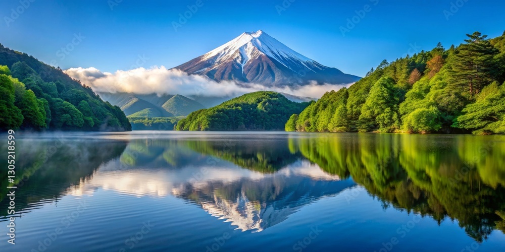 Serene Mountain Lake Reflection at Dawn Majestic Peak Mirrored in Tranquil Waters, Lush Green Foliage Framing the Scene Serene Mountain Lake Reflection at Dawn Majestic Peak Mirrored in Tranquil Waters, Lush Green Foliage Framing the Scene