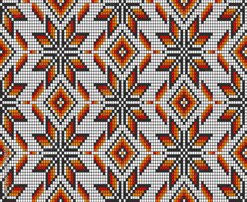 Southwest Native American Aztec beads motif white Vector Pattern. Tribal beaded geometrics in red, orange, yellow, white seamless pattern.