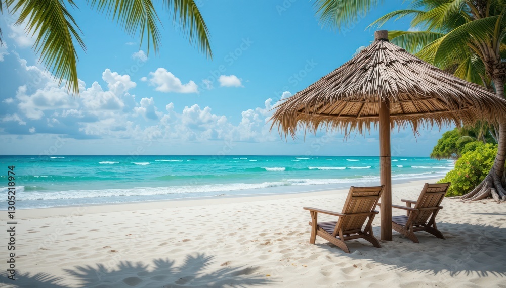 A sun-drenched tropical paradise where palm trees line the white sand coast A sun-drenched tropical paradise where palm trees line the white sand coast