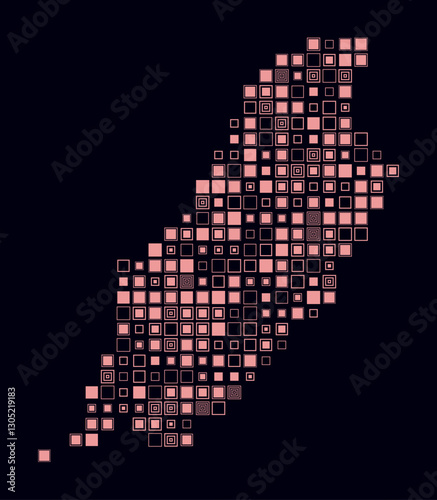 Isle of Man, shape of the country built of colored cells. Digital style map of the Isle of Man on dark background. Large size square blocks. Amazing vector illustration.