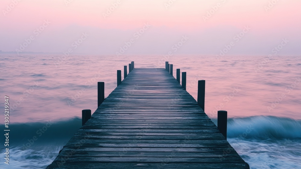 Obraz premium A wooden fishing pier at sunrise with soft waves