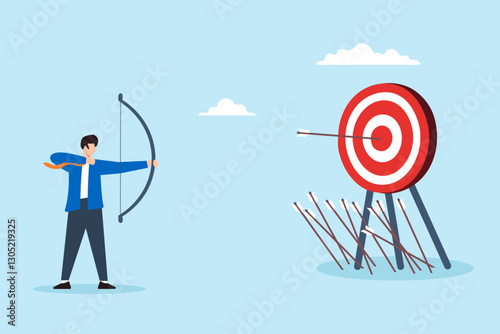 Flat illustration businessman practice archery learning from mistake until achieve success