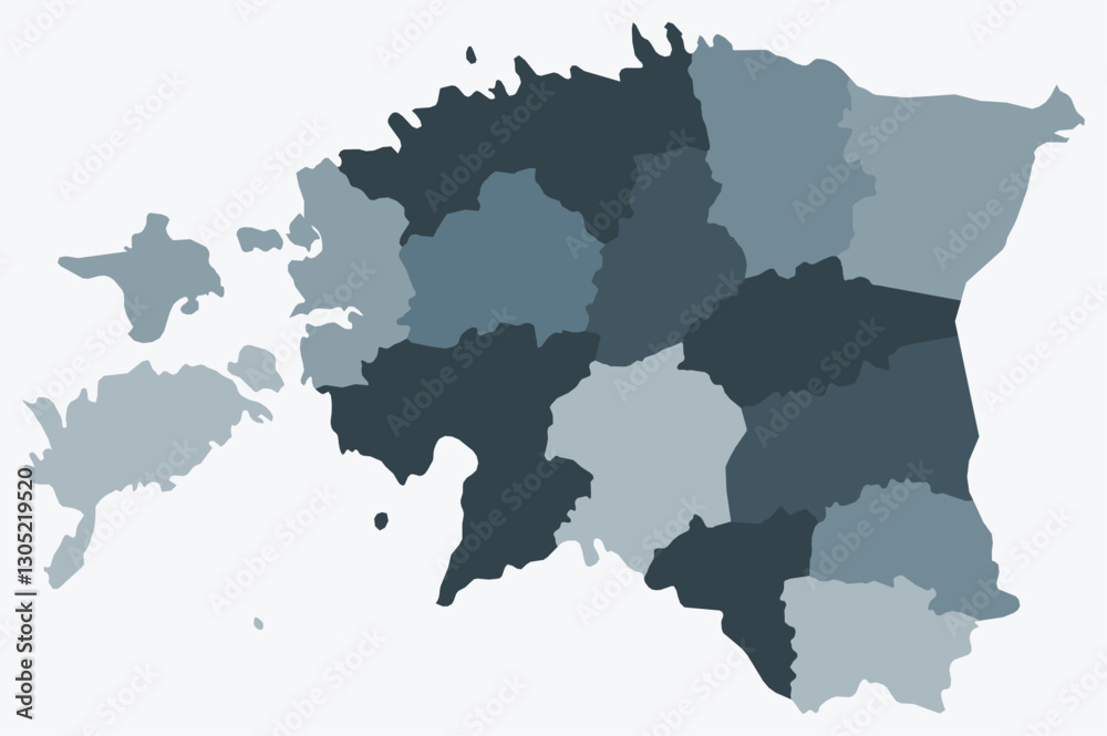 Fototapeta premium Map of Estonia with regions. Just a simple country border map with region division. Blue grey color palette. Blank Republic of Estonia shape with administrative division. Vector illustration.