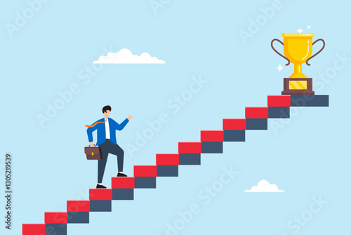 Flat illustration businessman walk up small step to reach trophy symbolizing persistence and success