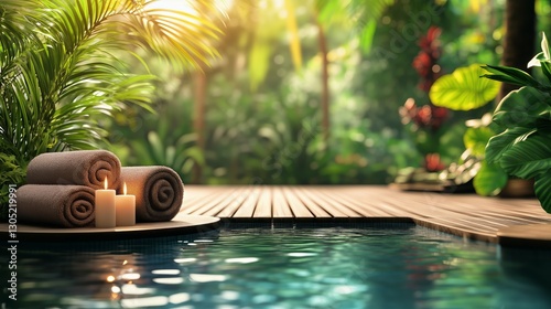 Relaxing Spa Retreat With Candles and Towels by Tranquil Water in Lush Garden