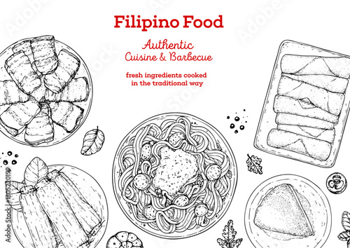 Filipino food top view vector illustration. Food menu design template. Hand drawn sketch. Filipino food menu. Vintage style.