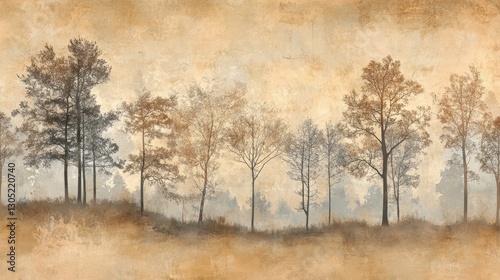 Collage-style wallpaper with hand-cut trees and warm earthy tones fading into sky