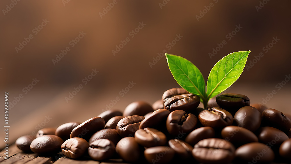Obraz premium banner features coffee beans arranged horizontally delicate green leaf top dense