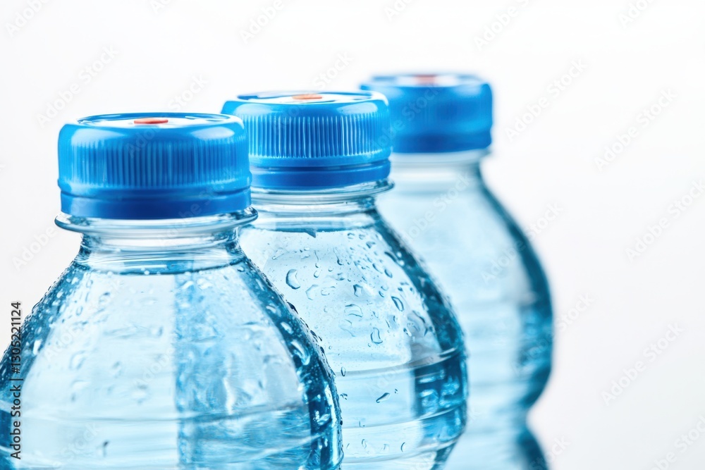 Refreshing cold water bottles with condensation on transparent plastic. Refreshing cold water bottles with condensation on transparent plastic.