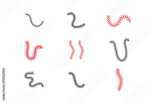 Baseball stitches icons set in black filled and line stroke style on white background