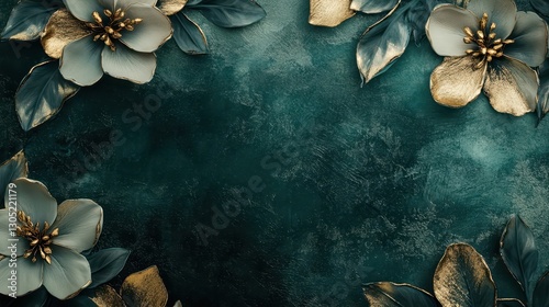 Luxurious metallic floral wallpaper with raised gold leaves over a forest-green texture