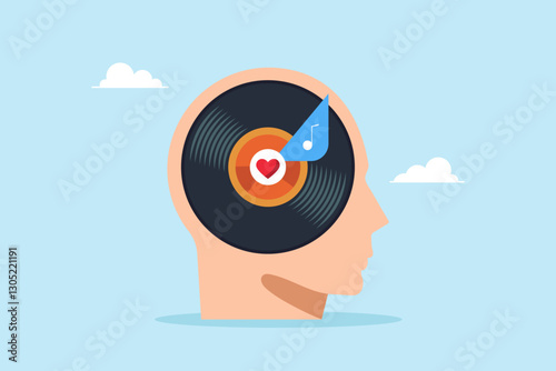 Flat illustration human head with vinyl record playing inside symbolizing love music creativity