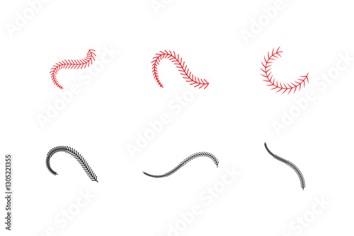 Baseball stitches icons set in black filled and line stroke style on white background