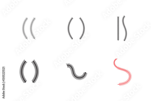 Baseball stitches icons set in black filled and line stroke style on white background