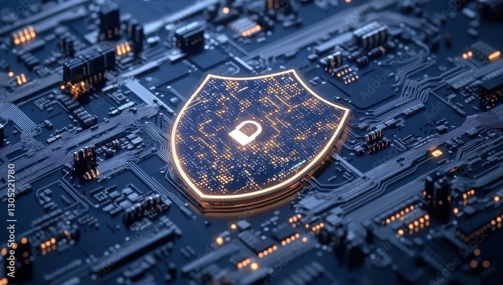 Fototapeta premium Futuristic digital shield symbol with glowing circuitry representing cybersecurity protection and advanced technology on a dark background