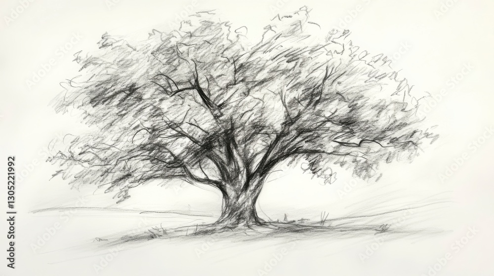 Fototapeta premium Lone Tree Sketch: Serene Landscape Drawing. (5)