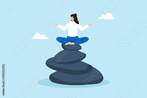 Flat illustration calm woman meditate on stacked pile of stone symbolizing mindfulness balance stability and inner peace