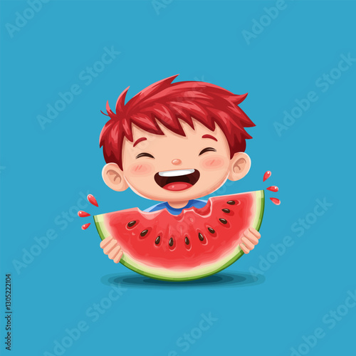 Boy Eating Watermelon Slice Vector Cartoon Illustration, Summer Joy