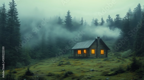 Cozy Cabin in Misty Forest With Glowing Windows and Chimney Smoke
