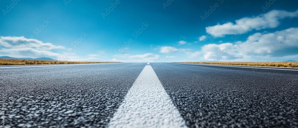 Fototapeta premium A straight road stretches towards the horizon under a bright blue sky, symbolizing endless possibilities.