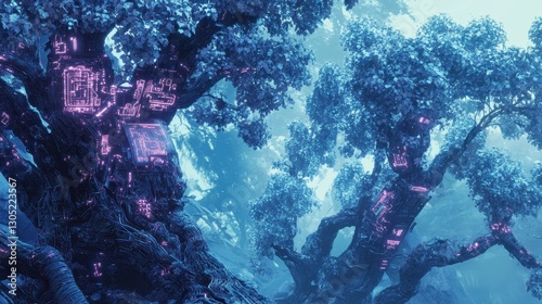 Surreal bio-mechanical plant background with robotic trees neon circuitry and floating metallic leaves