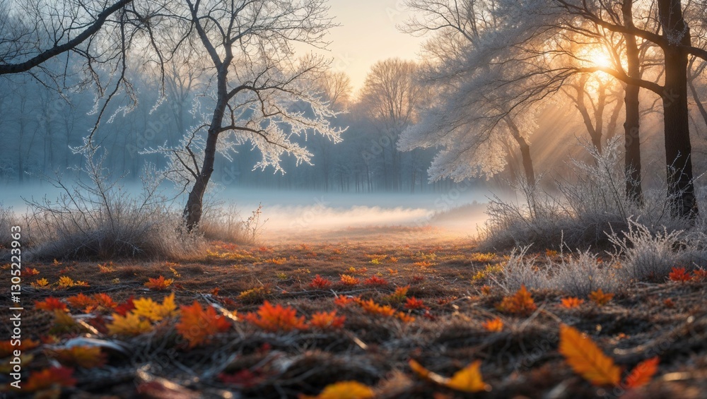 A serene landscape photograph showcasing the striking contrast between the warmth of autumn with vibrant orange and yellow leaves scattered across the ground A serene landscape photograph showcasing the striking contrast between the warmth of autumn with vibrant orange and yellow leaves scattered across the ground