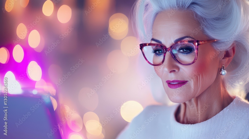 Digital Delight: A sophisticated senior woman with elegant eyeglasses, engrossed in a digital device amidst a colorful background. Digital Delight: A sophisticated senior woman with elegant eyeglasses, engrossed in a digital device amidst a colorful background.