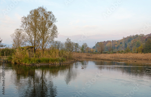 views of the Adda river during a sunny autumnal day, Trezzo d'adda, Bergamo, Lombardy