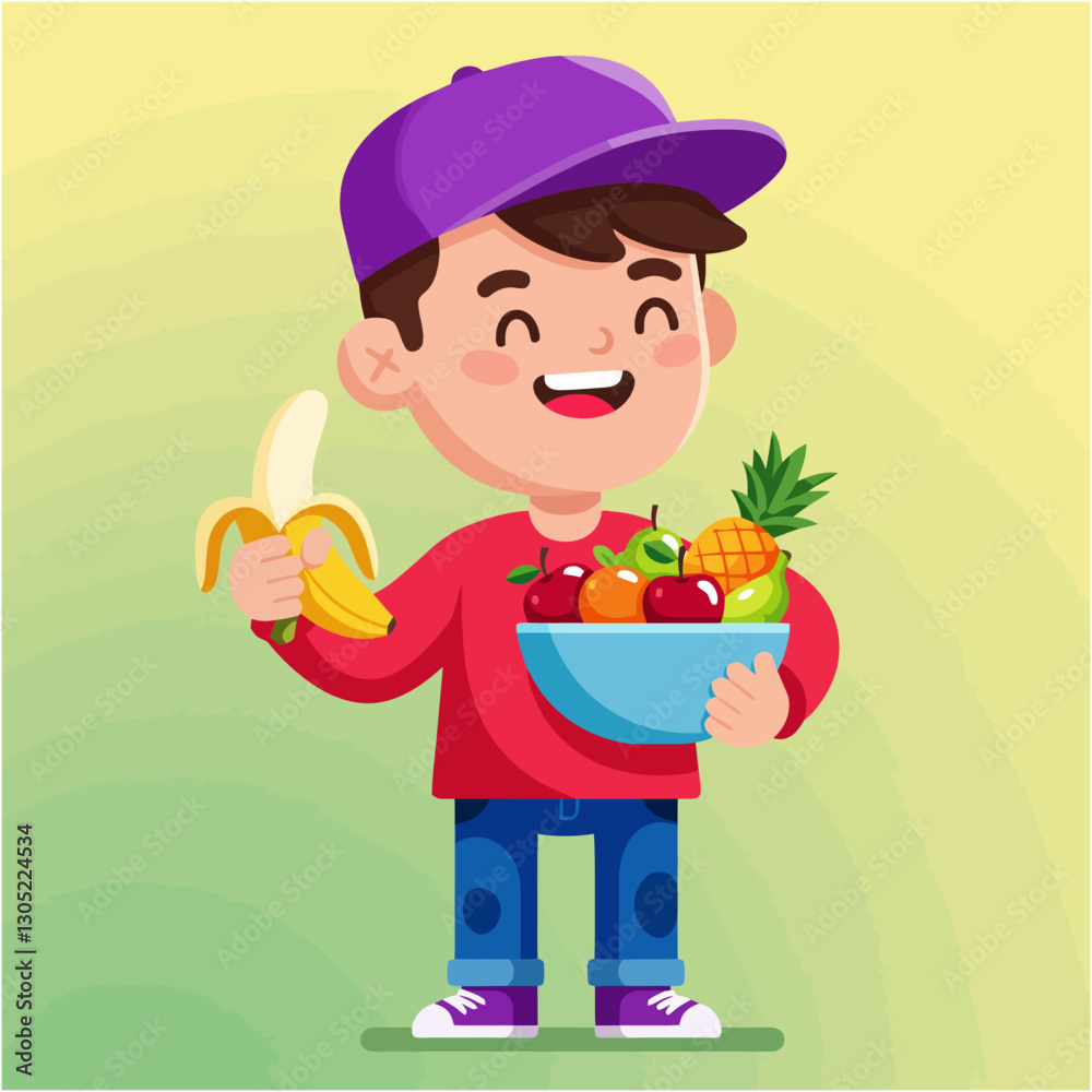 Cartoon Boy Holding Fruit Bowl and Banana Healthy Eating Concept Cartoon Boy Holding Fruit Bowl and Banana Healthy Eating Concept