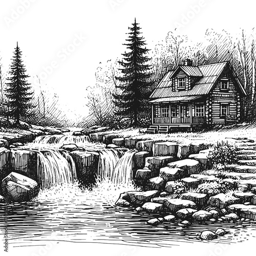 Waterfall home line art drawing ink sketch nature landscape vector hand drawn illustration background eden's whispering falls