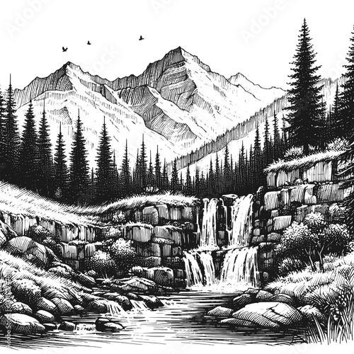 Mountain waterfall echoes of the peaks line art drawing ink sketch nature landscape vector hand drawn illustration background