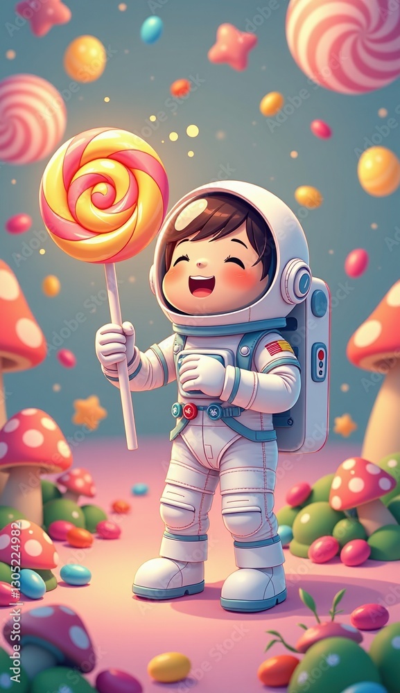 Naklejka premium Joyful Child Astronaut Holding Lollipop in Colorful Candy Land