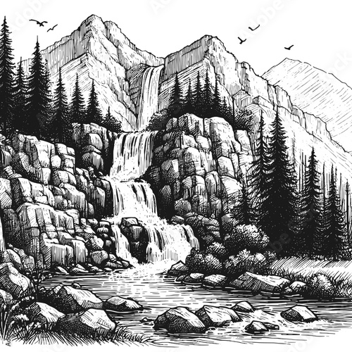 Mountain waterfall torrents of serenity line art drawing ink sketch nature landscape vector hand drawn illustration background