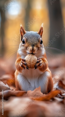 Squirrel Holding a Walnut Among Fallen Leaves in a Forest During Autumn