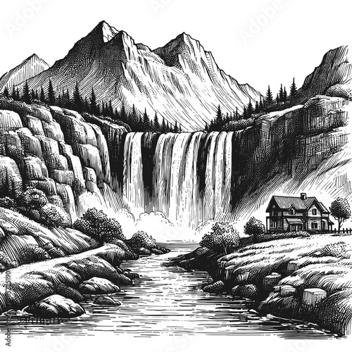 Waterfall mountain home whispers of the cliffside line art drawing ink sketch nature landscape vector hand drawn illustration background