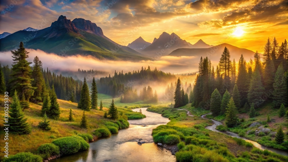 Obraz premium Golden Hour Serenity A River Flows Through a Misty Mountain Valley at Sunrise, Bathed in Warm Sunlight