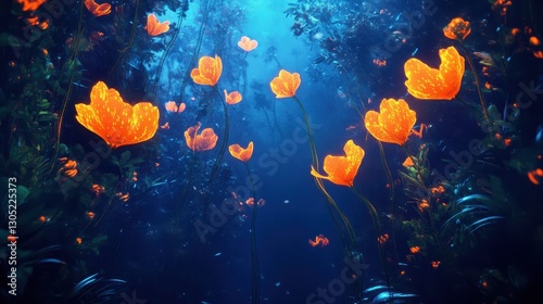 Bioluminescent jungle backdrop with glowing flowers and floating petals in a soft atmospheric glow