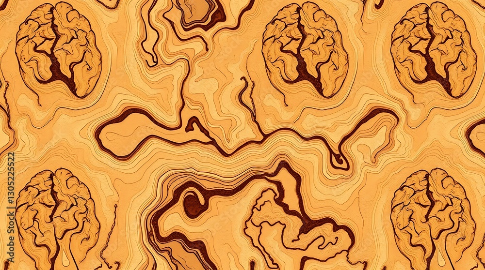 Brain Pattern: A seamless, repeating pattern with stylized brain illustrations overlaying a swirling, organic wood grain texture.