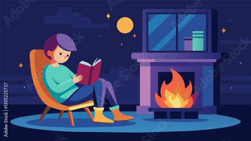 The sound of crackling fire from a virtual fireplace sets the scene as the child reads a thrilling mystery novel in a rocking chair.. Vector illustration