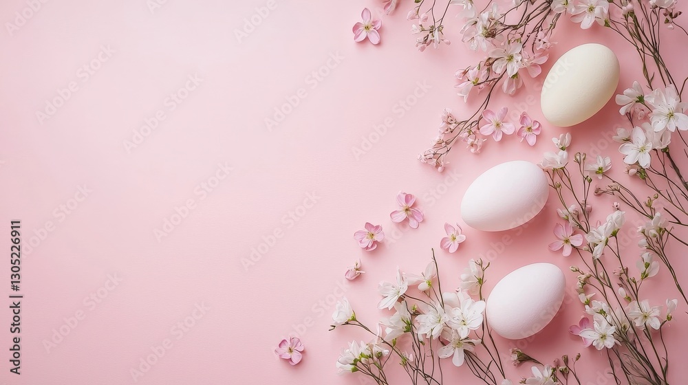 Three smooth eggs resting among cherry blossoms on pink. Three smooth eggs resting among cherry blossoms on pink.