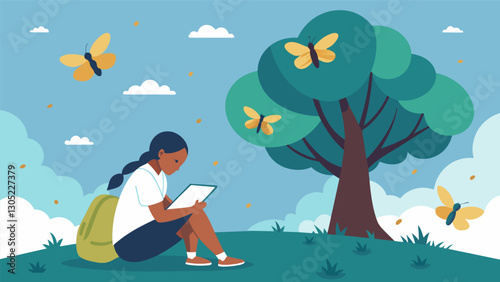 The sound of cicadas fills the air as a student sits under the shade of a tree staring up at the cloud formations lost in thought as they write about the fleeting yet beautiful. Vector illustration