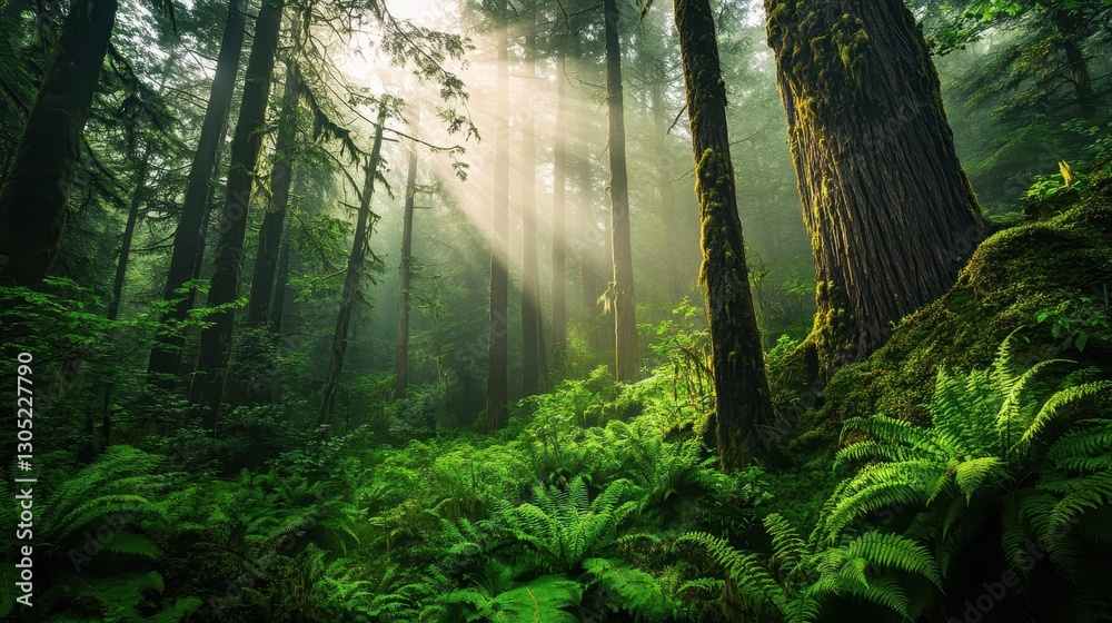 Fototapeta premium Dinosaur-era forest wallpaper with lush ferns and moss-covered trees under soft sunlight creating a golden haze