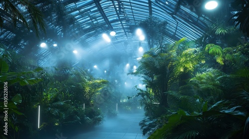Biodome wallpaper with glowing vines and high-tech irrigation systems surrounded by mist rising from luminous pools photo