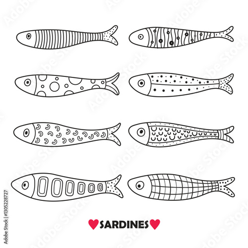 Cute line sardine. Kids background. Sardines, salmon, tuna, tilapia. Vector set. Kids illustration.