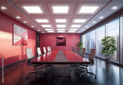 Contemporary Conference Room With Red Accents And Panoramic City View And Windows. Interior Design