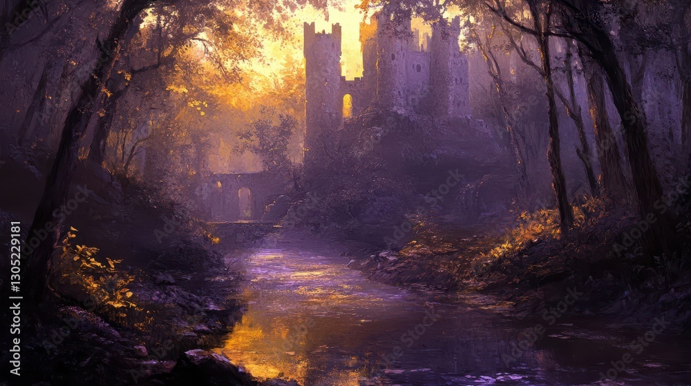 Obraz premium Ancient woodland background with golden light purple shadows and a stream