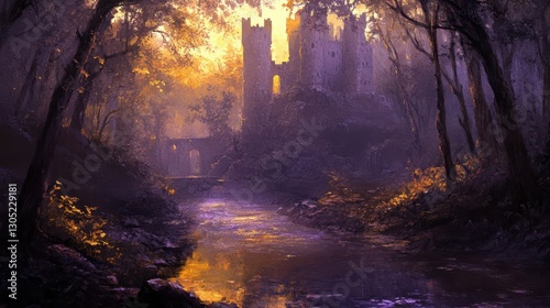Ancient woodland background with golden light purple shadows and a stream